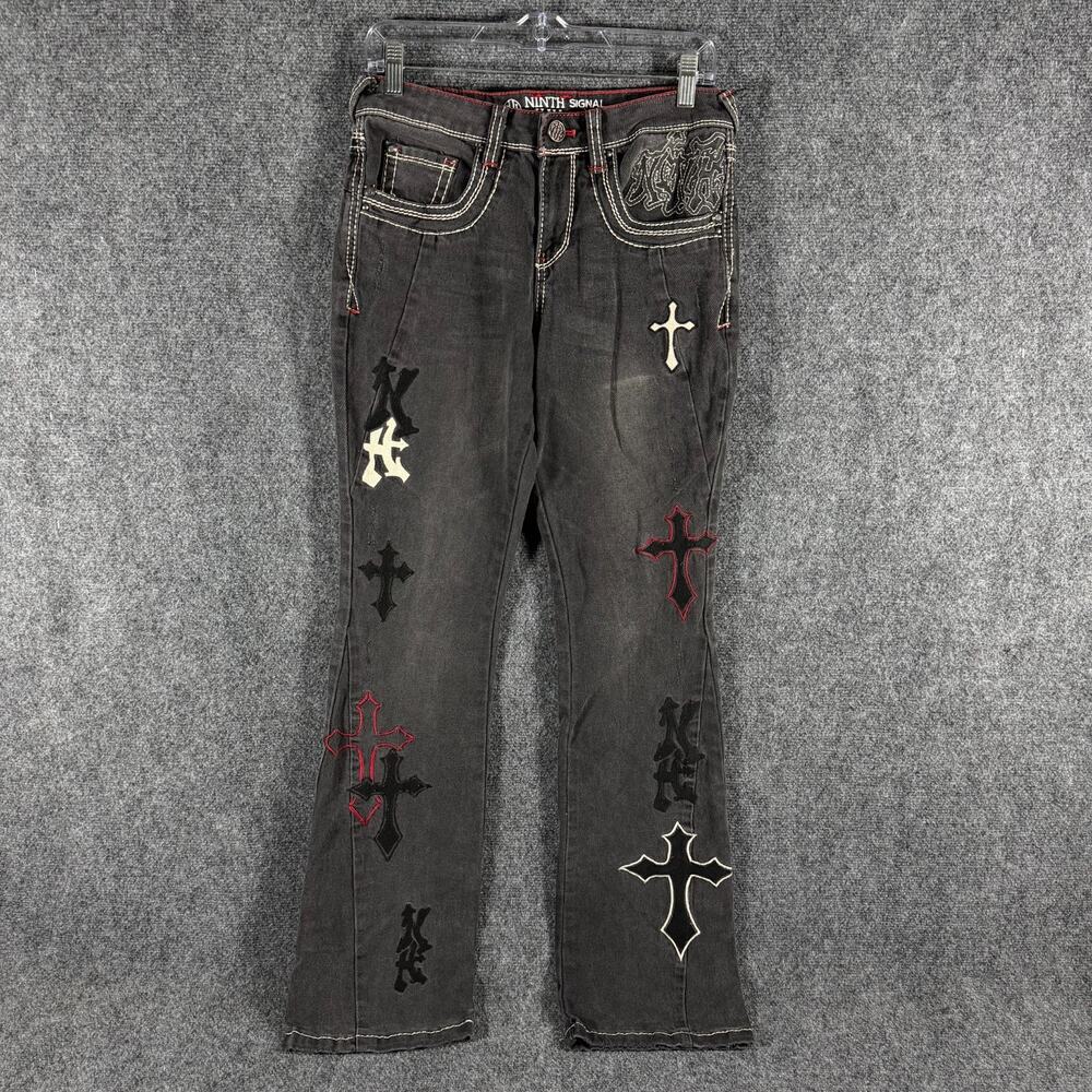 Ninth Hall Signal Crosses Jeans Mens 30x33.5 Gray Black Flare Bootcut Y2K Gothic